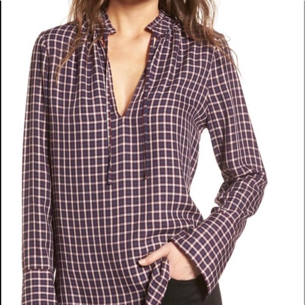 Treasure & Bond Plaid Blouse Maroon Red Navy Blue Tie Neck Long Sleeve Sz XXS